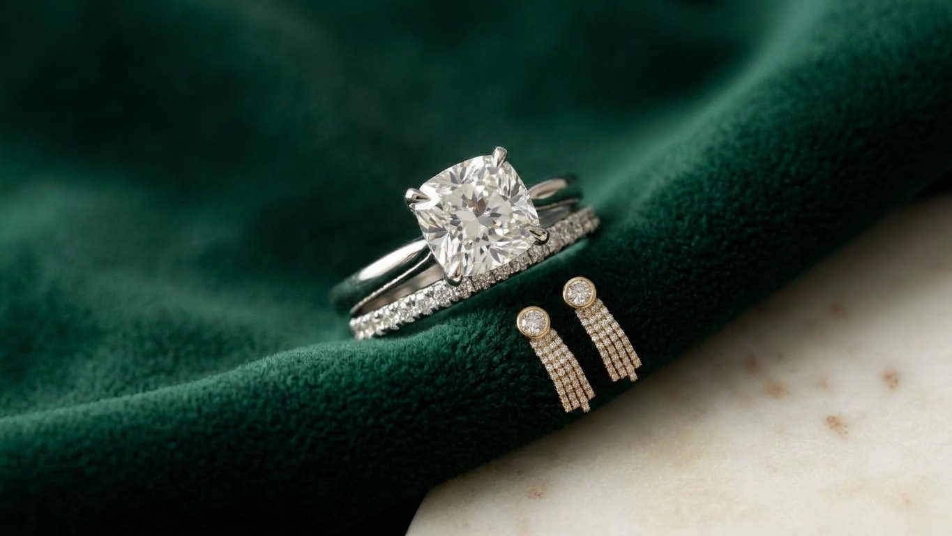 Yellow gold oval engagement ring stacked with a diamond wedding band